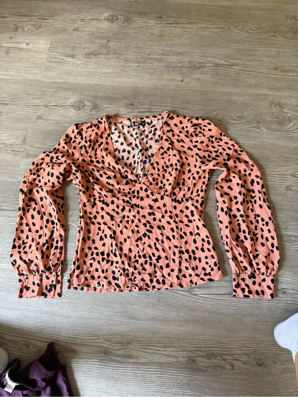 Peach Animal-Print Long-Sleeve V-Neck Top